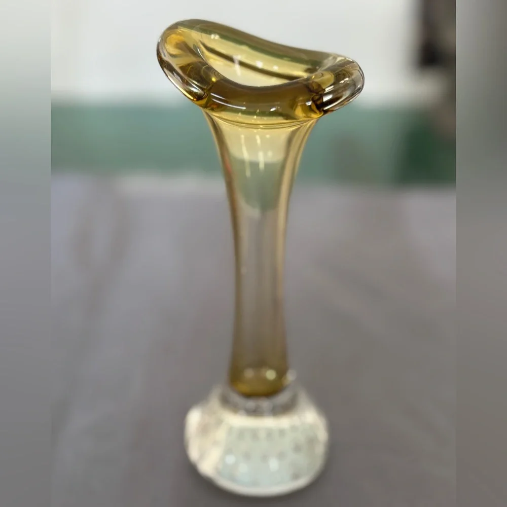Vintage Aseda Amber Art Glass Jack in the Pulpit Vase w/ Bubble Base 7